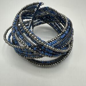 Seed Bead Braided Cuff Bracelet Memory Wire Blue & Silver Tones Boho Hippie